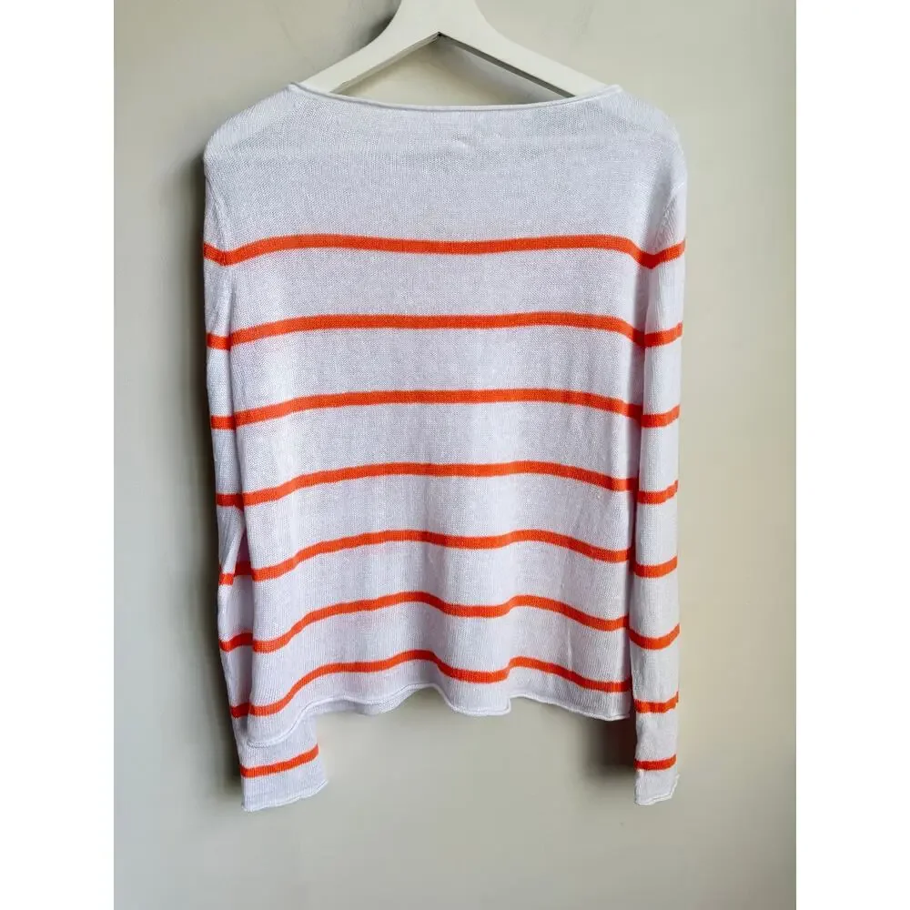 Eileen Fisher 100% Linen Striped Long Sleeve Pullover Sweater White Orange Small